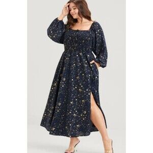 Bloomchic Navy Blue Gold Glitter Star Knot Neck Pocket Midi Dress 22-24 Witchy
